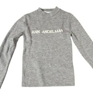 Ann Andelman Sweater XS Grey Merino Wool Ribbed Mock Neck Logo Layering Warm